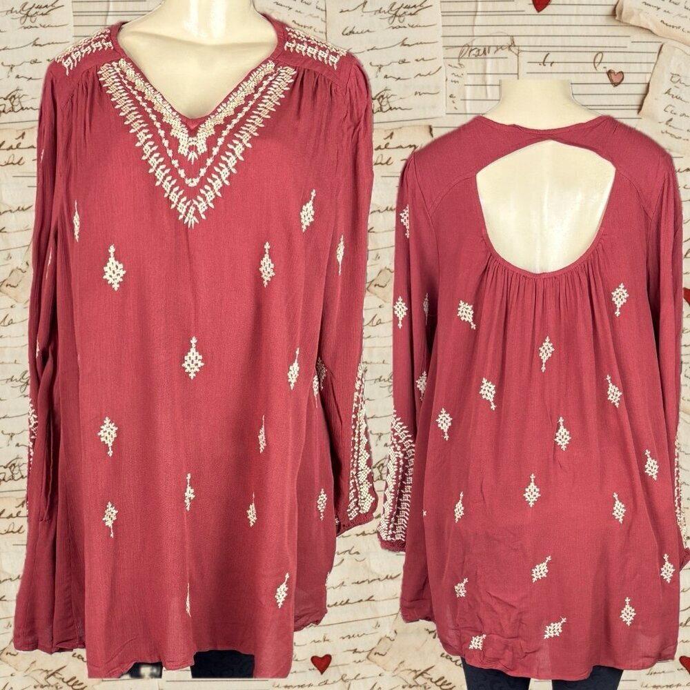 Denim 24/7 14W Brick Red Cream Embroidered Lined Open Back Long Sleeve Blouse